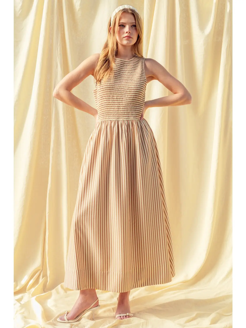 Striped Fabric Smocking Top Long Dress - BROWN