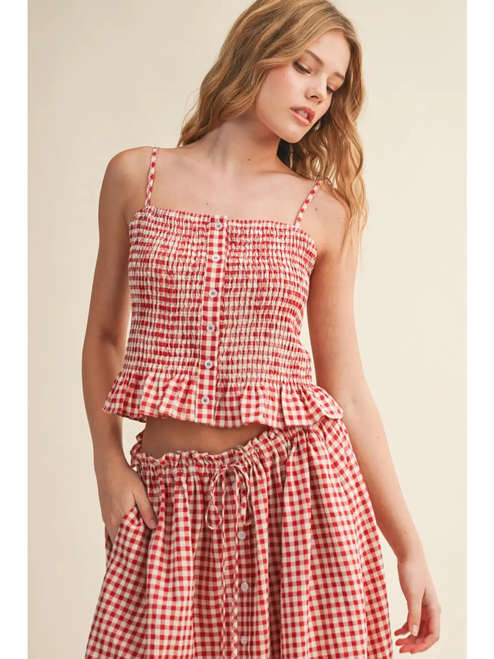Gingham Pattern Button Front Smocking Top - RED