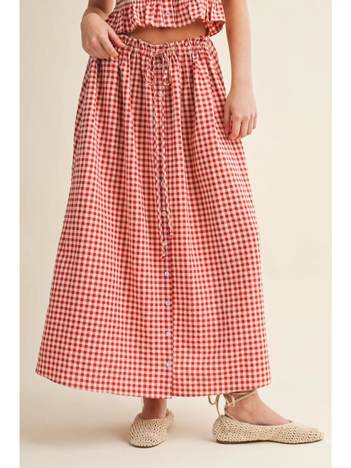 Gingham Pattern Button Front Long Skirt - RED