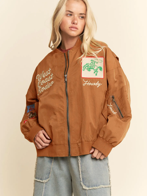West Coast Rodeo Embroidered Bomber Jacket - BURNT ORANGE