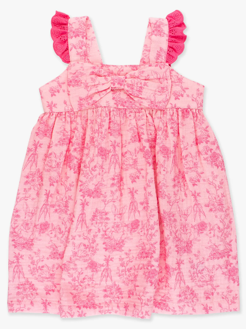 Girls Pink Cottontail Toile Cotton Gauze Flutter Bow Woven Dress