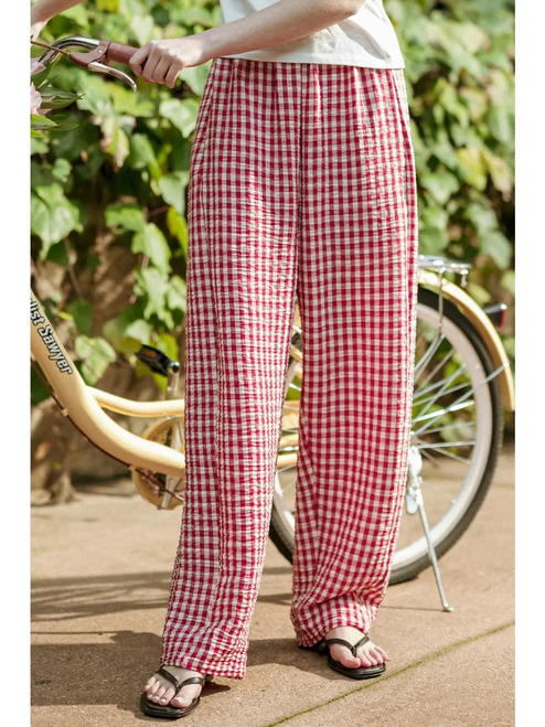 Gingham Pattern Elastic Band Waist Pants - RED & WHITE
