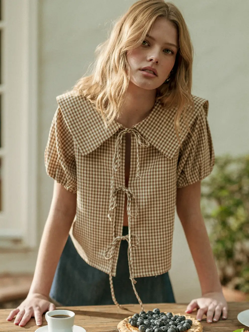 Gingham Pattern Sslv with Tie in Front Top - BLUE