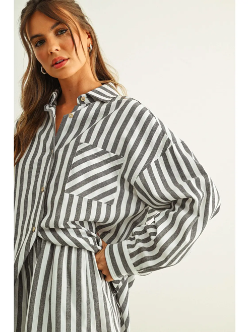 Striped Button Down Linen Shirts - BLACK