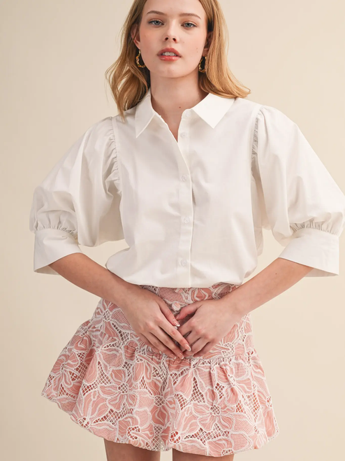 Puff Sleeve Button Down Top - WHITE