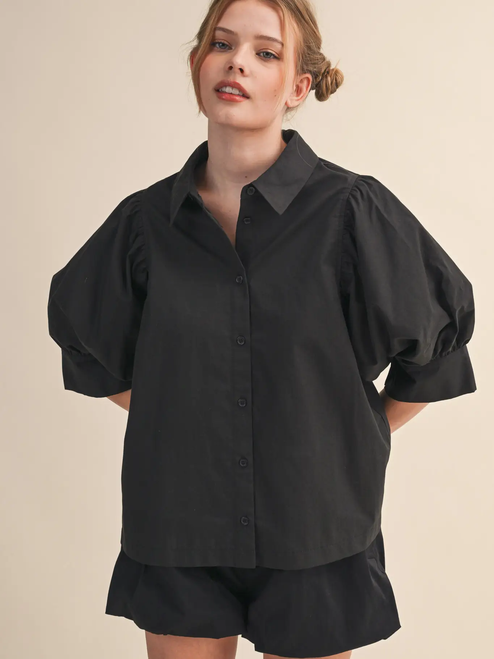 Puff Sleeve Button Down Top - BLACK