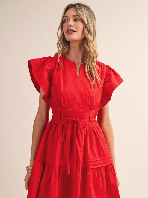 Embroidered Seam Pin Tuck Detail Mini Dress - RED