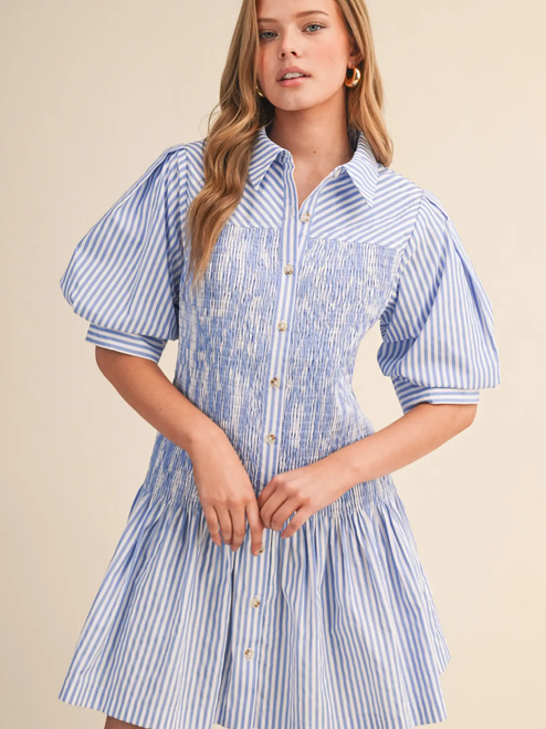 Striped Smocked Bodice Mini Dress - LT BLUE WHITE STRIPE