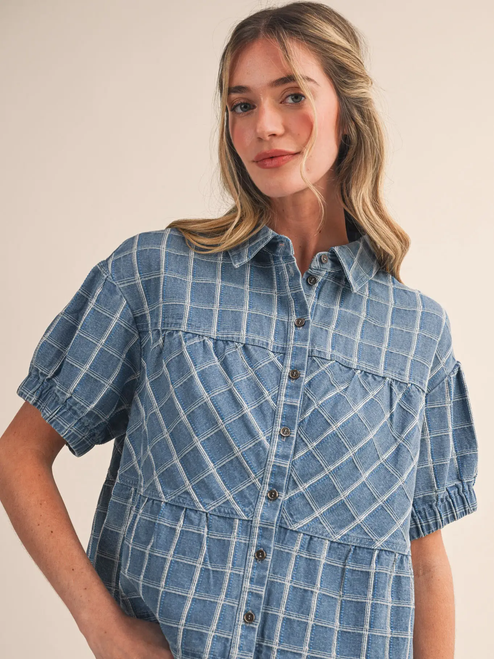 Checkered Denim Button Down Top