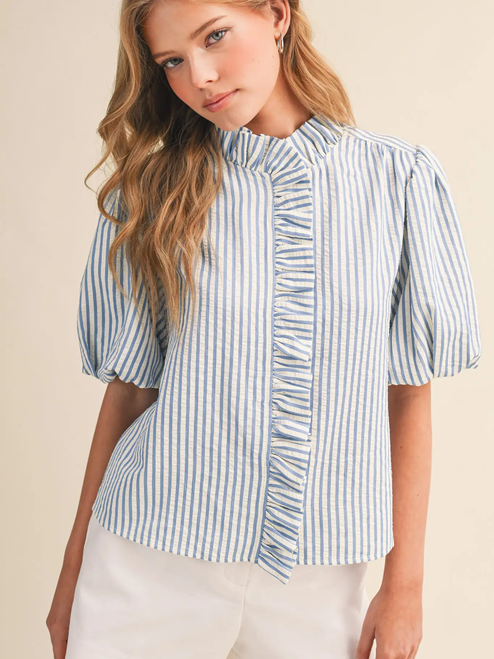 Striped Ruffled Button Down Top - AZULE BLUE