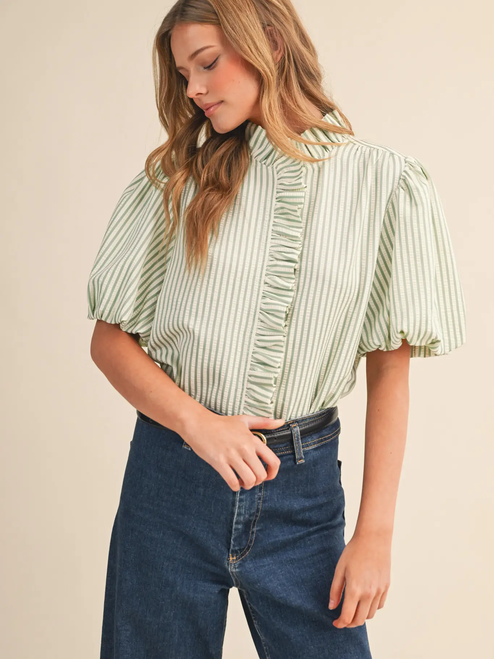 Striped Ruffled Button Down Top - SEAFOAM GREEN