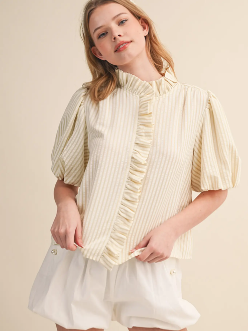 Striped Ruffled Button Down Top - LIGHT TAUPE