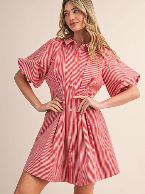 Striped Pleated Waist Button Down Mini Dress - RED STRIPE