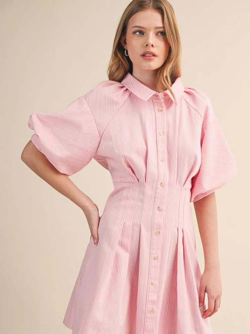 Striped Pleated Waist Button Down Mini Dress - BLACK STRIPE