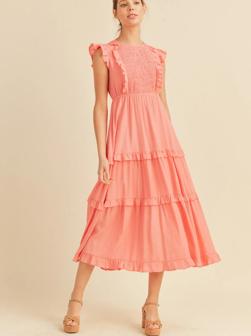 Smocked Ruffled Midi Dress - CORAL PINK