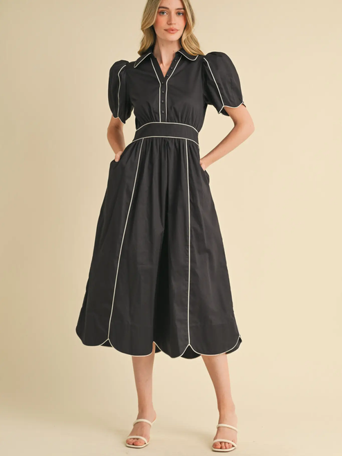 Collared Shirt Dress with Scalloped Edges - BLACK