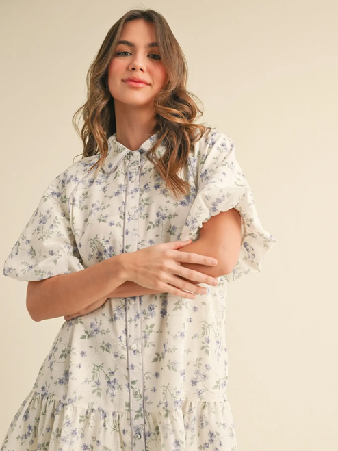 Bubble Sleeve Button Down Floral Mini Dress - GOLDEN YELLOW FLORAL