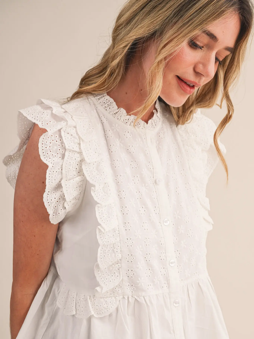 Eyelet Button Down Peplum Top - BLACK