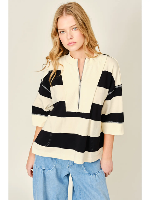 Pullover Oversized Comfy Striped Sweatshirts Top - BLACK & CREAM