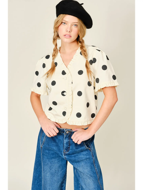 Ruffle Edge Dot Print Short Sleeve Jacket