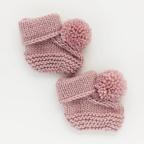 Garter Stitch Baby Booties Rosy with Pom Poms
