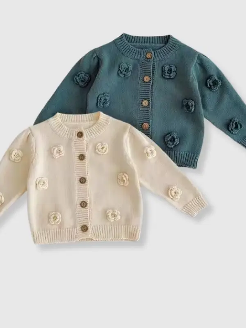 100% Cotton Knit Sweater Cardigan with Floral Detail - Blue