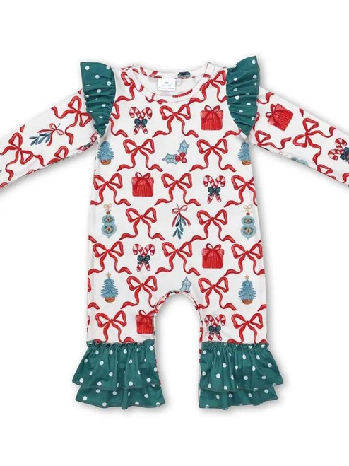 Polka Dots Bow Gift Baby Girls Ruffle Christmas Romper