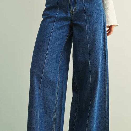 Wide Leg Denim Pants with Front Detail