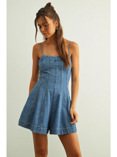 Paneled Washed Denim Romper