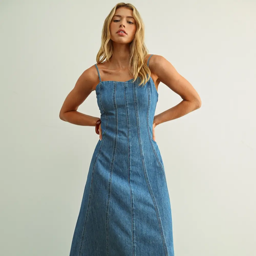 Paneled Maxi Washed Denim Dress