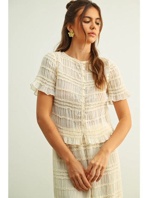 Chiffon Short Sleeve Button Front Top - BEIGE