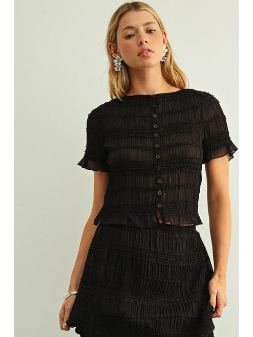 Chiffon Short Sleeve Button Front Top - BLACK