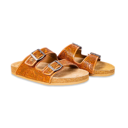MYRA MOLLY MEGAN HANDTOOLED LEATHER SANDALS - EASY SLIP-ON DUAL BUCKLE LEATHER FLATS FOR WOMEN