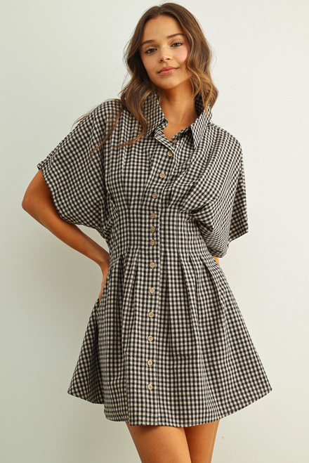 Gingham Patterned Shirt Dress - Navy