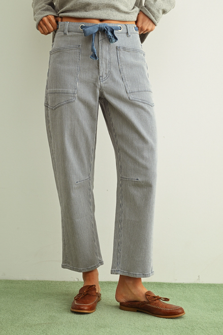 Striped Pattern Washed Barrel Pants with Belt - Blue