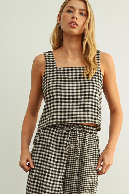 Gingham Square Neck Sleeveless Top - Black/Cream