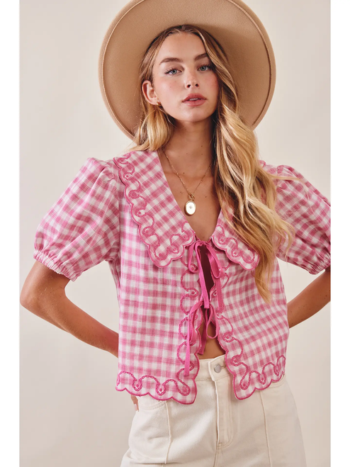Gingham Embroidered Tie-Front Blouse - PUNCH