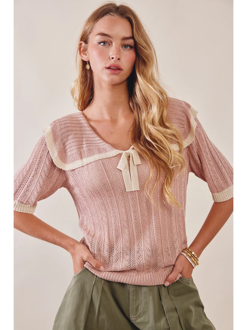 Knit Sailor-Collar Ribbon Top - ROSE LATTE