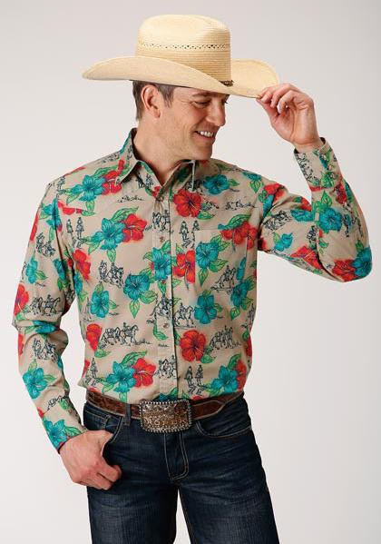 MENS L/S SHIRT PERFORMANCE Y/D ALLOVER PRINT - SNAP 01056 TRAIL RIDE TROPICAL 03-001-0064-0366 MU