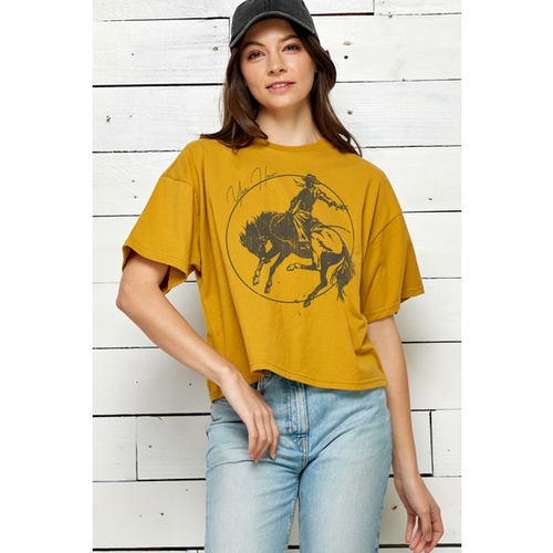 YEEHAW COWBOY DRIED TOBACCO GRAPHIC CROP TOP TEE