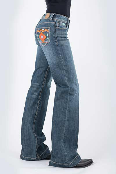 WOMENS JEAN ELLA TROUSER FIT AZTEC EMBROIDERY BACK POCKET OWS 10-054-0460-0018 BU