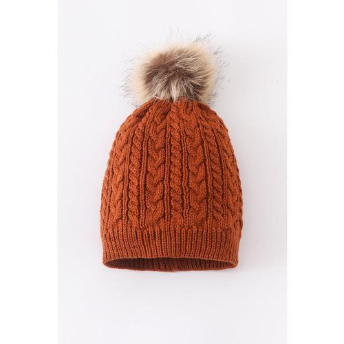 CARAMEL CABLE KNIT POM POM BEANIE