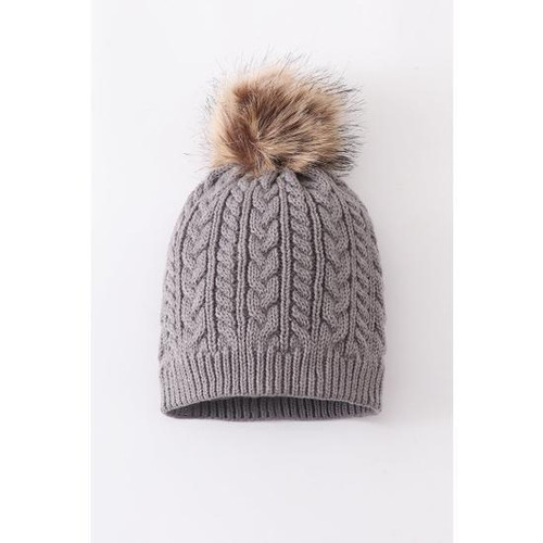 GREY CABLE KNIT POM POM BEANIE