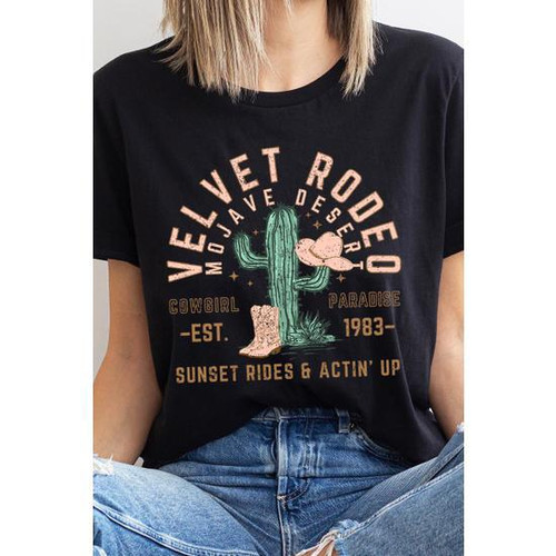 VELVET RODEO | SUNSET RIDES AND ACTIN' UP BLACK T SHIRT