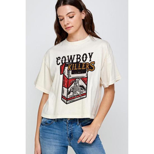 COWBOY KILLERS CIGARETTE PACK SKELETON RELAXED CROP TOP VINTAGE WHITE