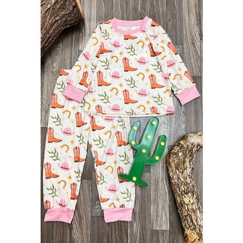 COWGIRL BOOTS & HATS W/ PINK TRIM PAJAMA SET