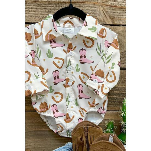 PINK COWGIRL BOOTS PRINTED BABY ONESIE