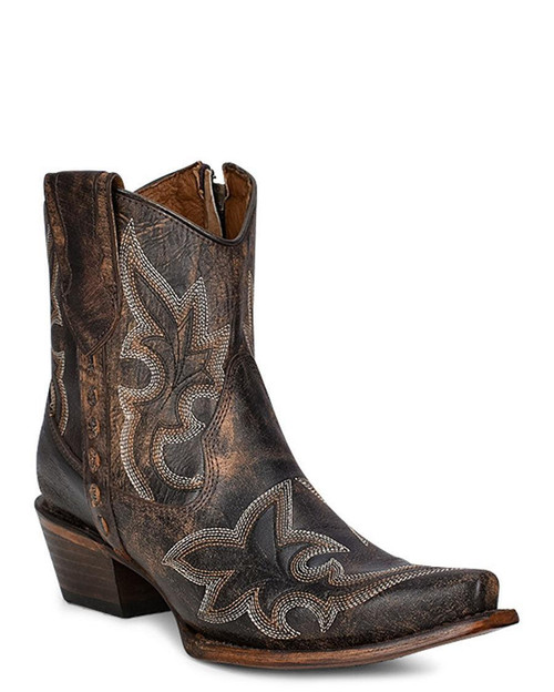 LD BLACK/BROWN EMBROIDERY & ZIPPER ANKLE BOOT L5917
