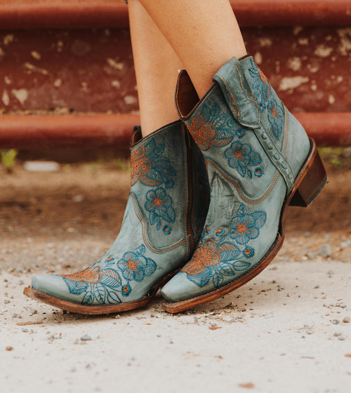 LD BLUE JEAN FLOWERED EMBROIDERY ANKLE BOOT L5874