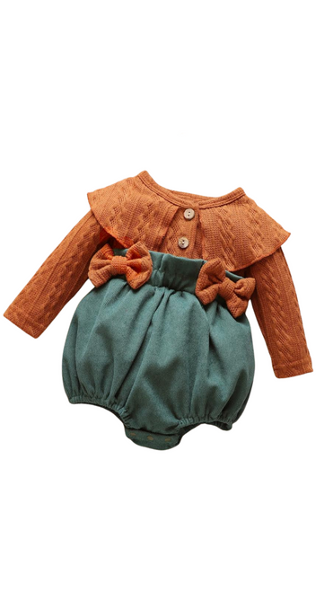 CABLE KNIT LONG SLEEVE CORDUROY BOWKNOT BABY ROMPER - GREEN